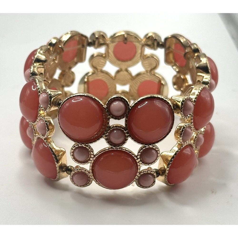 Gold Tone Pink Cabochon Stretch Bracelet Coral Bubble Statement Bracelet